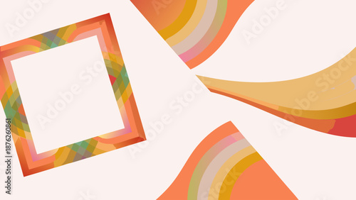Vibrant abstract artwork featuring airy flowing curves and geometric shapes in orange yellow and pink hues on a white background for creative design projects