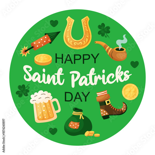Round set of Saint Patricks Day. Horseshoe, beer, pipe, gold coin, sack, and boot on green background. Holiday greeting card. Hand drawn vector illustration.