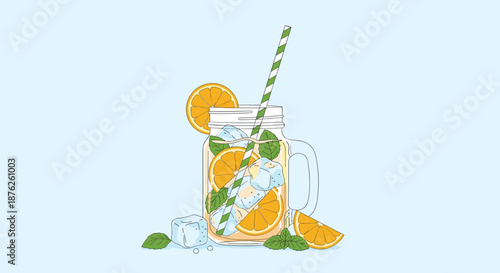 Refreshing orange juice with mint leaves and ice cubes in a mason jar with a green striped straw for summer drink promotion and cafe menus.