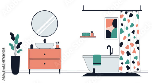 Stylish modern bathroom interior design featuring a peach vanity, round mirror, white bathtub, and a colorful terrazzo pattern shower curtain.