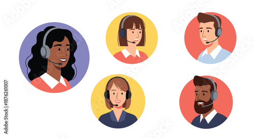 Diverse group of customer service representatives wearing headsets in colorful circular avatars for support and communication concepts.