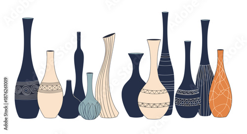 Collection of modern ceramic vases in various shapes and patterns featuring deep blue and sandy tones for interior decor inspiration.