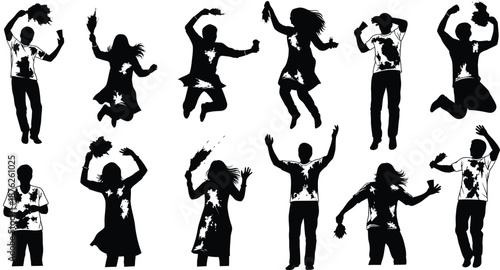 Silhouettes of people jumping and dancing in various poses