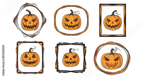 Set of scary Halloween pumpkins in various decorative frames like circles and squares for festive holiday labels and sticker designs.