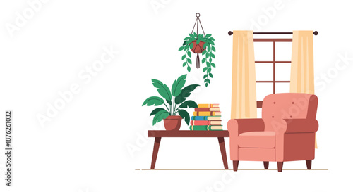 Cozy home interior scene with a comfortable pink armchair next to a stack of books and lush green houseplants by a window in a flat style.