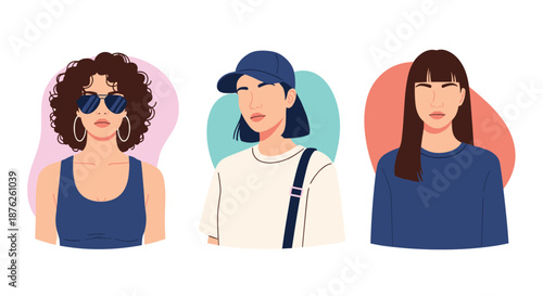Portraits of three stylish young women featuring different hairstyles and trendy accessories like sunglasses and a baseball cap for avatars.