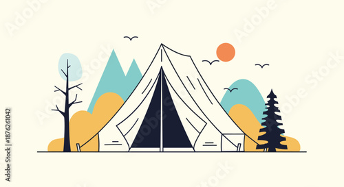 Minimalist outdoor camping scene featuring a large white tent set against a backdrop of mountains, pine trees, and a setting sun.