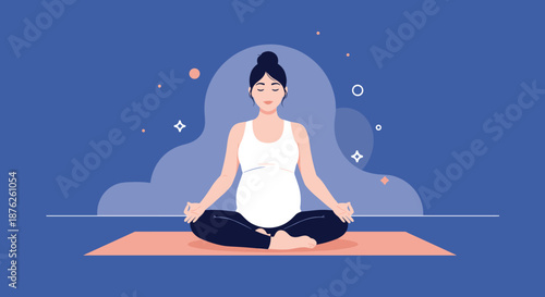 Peaceful pregnant woman practicing meditation and yoga in a lotus pose on a mat to promote health and relaxation during her pregnancy.