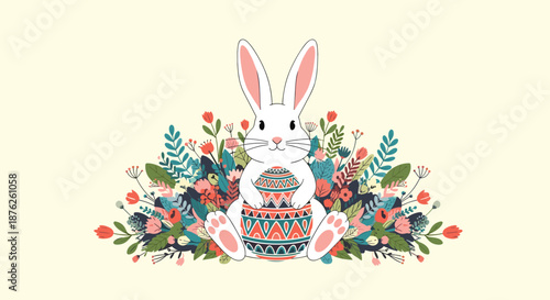 Cute Easter bunny holding a patterned egg surrounded by colorful spring flowers and foliage for a festive holiday greeting card design.