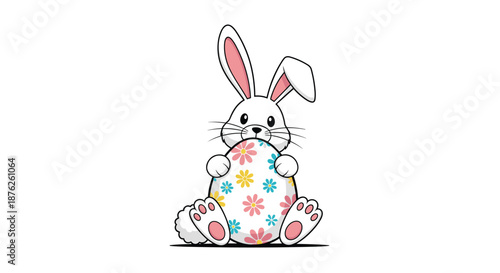 Adorable cartoon Easter bunny holding a colorful patterned egg for holiday celebration and kids party decoration or greeting card graphics.