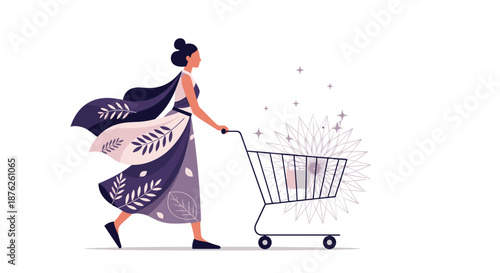 Elegant woman in a decorative purple dress pushing a shopping cart with magical floral energy for a luxury retail and fashion concept.