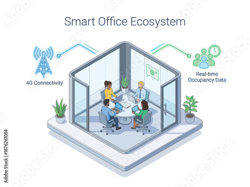 Isometric smart office ecosystem illustration showing diverse business team in glass meeting pod, featuring 4G connectivity and real-time occupancy data icons for IoT workplace