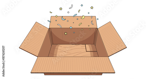 Large open brown cardboard box with colorful confetti and stars popping out to represent a surprise gift or successful delivery on white.