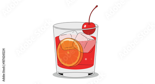 Refreshing red cocktail drink served in a short glass with square ice cubes, a fresh orange slice, and a red cherry on top over white.
