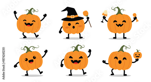 Set of six funny halloween pumpkin characters with various facial expressions and festive accessories like a witch hat and candy corn on white.