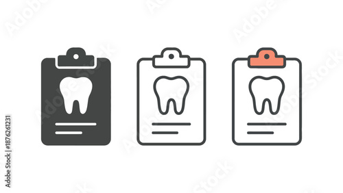 Three dental clipboard icons with tooth illustrations on a white background