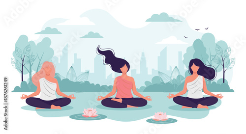 Group of three women practicing yoga or meditation in a peaceful urban park setting with a city skyline visible in the background over blue.
