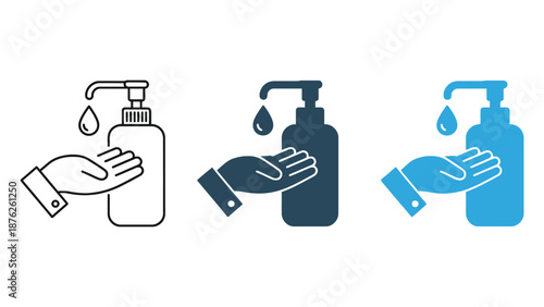 An illustration of hands using hand sanitizer in different colors