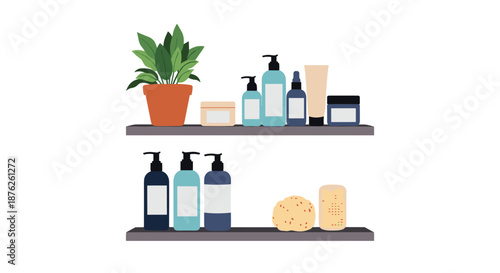 Minimalist bathroom or vanity organization showing two dark shelves with a potted plant, various skincare bottles, creams, and sponges on white.