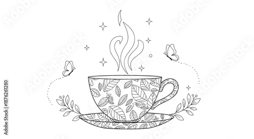 Artistic line drawing of a steaming cup of herbal tea decorated with a leaf pattern and surrounded by flying butterflies and sparkling stars.