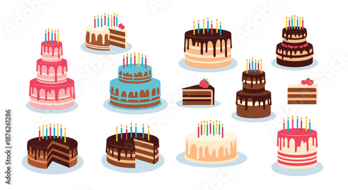Extensive set of colorful birthday cakes in various sizes and flavors decorated with candles and fruit for festive party celebrations on white.