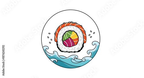 Iconic representation of a colorful japanese sushi roll placed inside a circular frame decorated with stylized blue ocean waves on white background.