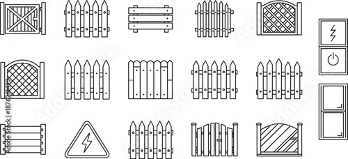 Fence and gate vector icon set featuring wooden barriers, picket fences, warning signs, security gates, and boundary illustrations