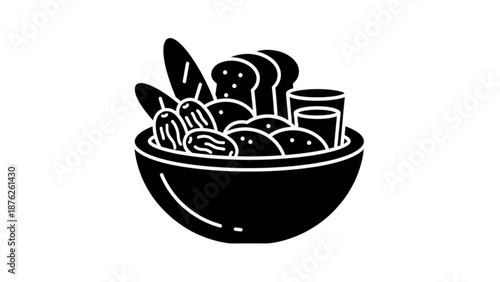 Black and White Illustration of Fresh Fruit in Bowl