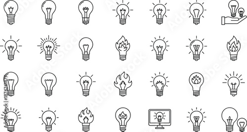 Light bulb vector icon set featuring ideas, creativity symbols, glowing lamps, innovation concepts, burning bulbs, and inspiration illustrations
