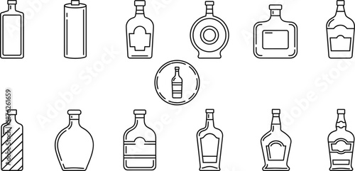 Liquor bottle vector icon set featuring alcohol containers, glass bottle shapes, beverage designs, drink packaging, and bar branding elements