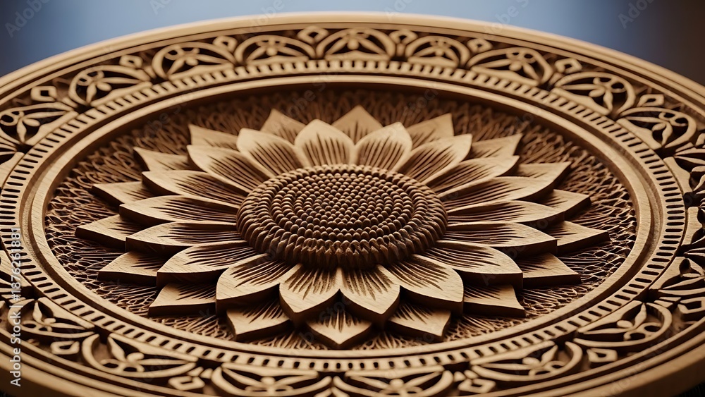 Obraz premium Intricately carved wooden floral design plate