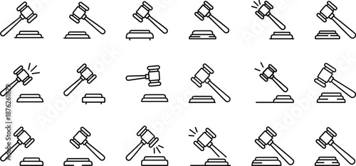 Judge gavel vector icon set featuring justice symbols, hammer strike illustrations, law authority elements, court decisions, and legal enforcement graphics