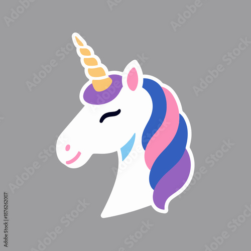 Cute flat design unicorn head illustration with a colorful rainbow mane and golden horn, perfect for fantasy stickers, children's room decor, or magic-themed graphics.