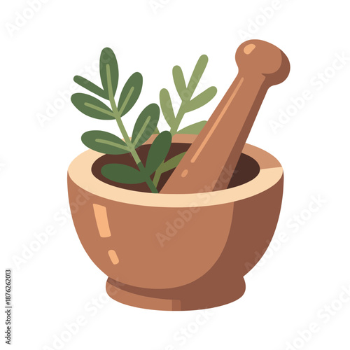 A classic wooden mortar and pestle filled with fresh green herbs for traditional medicine preparation or culinary seasoning in a clean flat vector illustration.