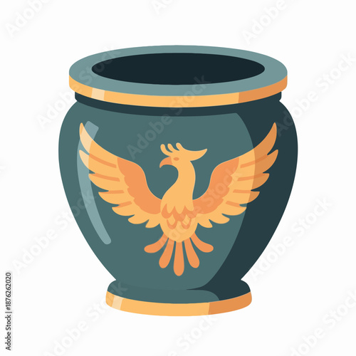 Dark teal ceramic urn featuring a golden phoenix emblem for use as a decorative antique item or magical artifact in a fantasy game world or interior concept.