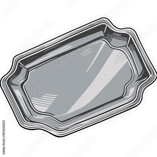 Elegant silver serving tray vector illustration for catering service menus or hospitality industry branding, showcasing a clean metallic platter with decorative trim.