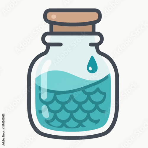 Decorative glass jar featuring aquatic mermaid scales and clear blue water for oceanic themes, gaming inventory icons, and nautical concept art illustrations.
