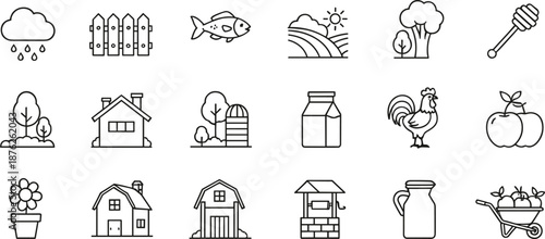 Farm and agriculture vector icon set featuring barns, crops, animals, trees, produce, landscapes, and rural countryside elements
