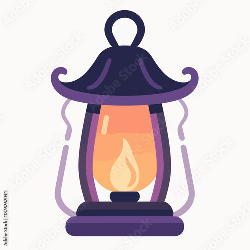 Classic purple oil lantern with a warm glowing flame inside for camping gear illustrations, dark environment survival games, and cozy nocturnal lighting icons.