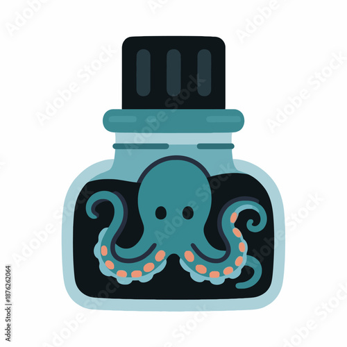 Blue octopus inside a glass bottle for ocean conservation awareness, marine biology education, nautical themes, and mystical underwater story illustrations.
