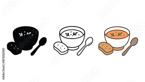 A set of three cartoon illustrations of soup and bread on a white background