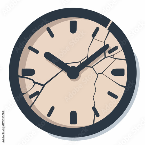 Circular clock face with cracked glass and black hands representing the concept of broken time or an expired deadline for conceptual art and game UI design.
