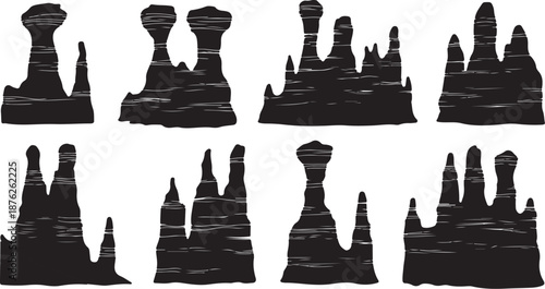 Black Silhouettes of Castle Architecture on White Background Illustration