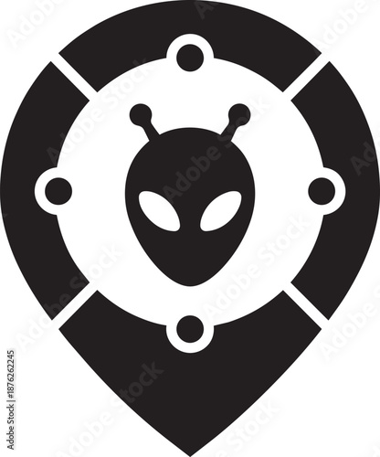 Alien face location pin icon flat vector illustration for extraterrestrial research or sci fi games