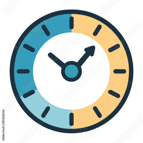 A modern round wall clock icon with a vibrant blue and yellow color scheme is perfect for time management apps, scheduling software, or office decor projects.