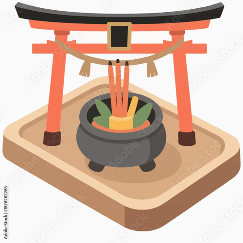 Traditional Japanese torii gate structure with an incense burner bowl used for spiritual rituals and cultural sanctuary scene design in oriental architecture.