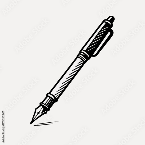 Classic black and white fountain pen illustration showing the nib touching the paper, ideal for literature, writing, calligraphy, or education-themed designs.