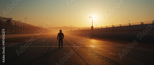 Lone race car driver standing on asphalt track at sunrise, ready for competition