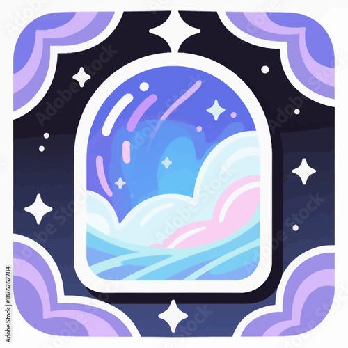 Stylized flat vector illustration of a cosmic portal or arched window looking into a starry sky with pastel clouds for dreamy fantasy storytelling projects.