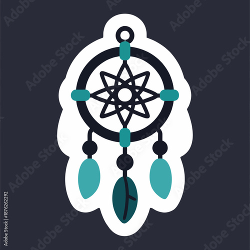 A stylized dreamcatcher sticker illustration with a black background featuring teal feathers and a white circular frame, ideal for spiritual or mystical designs.